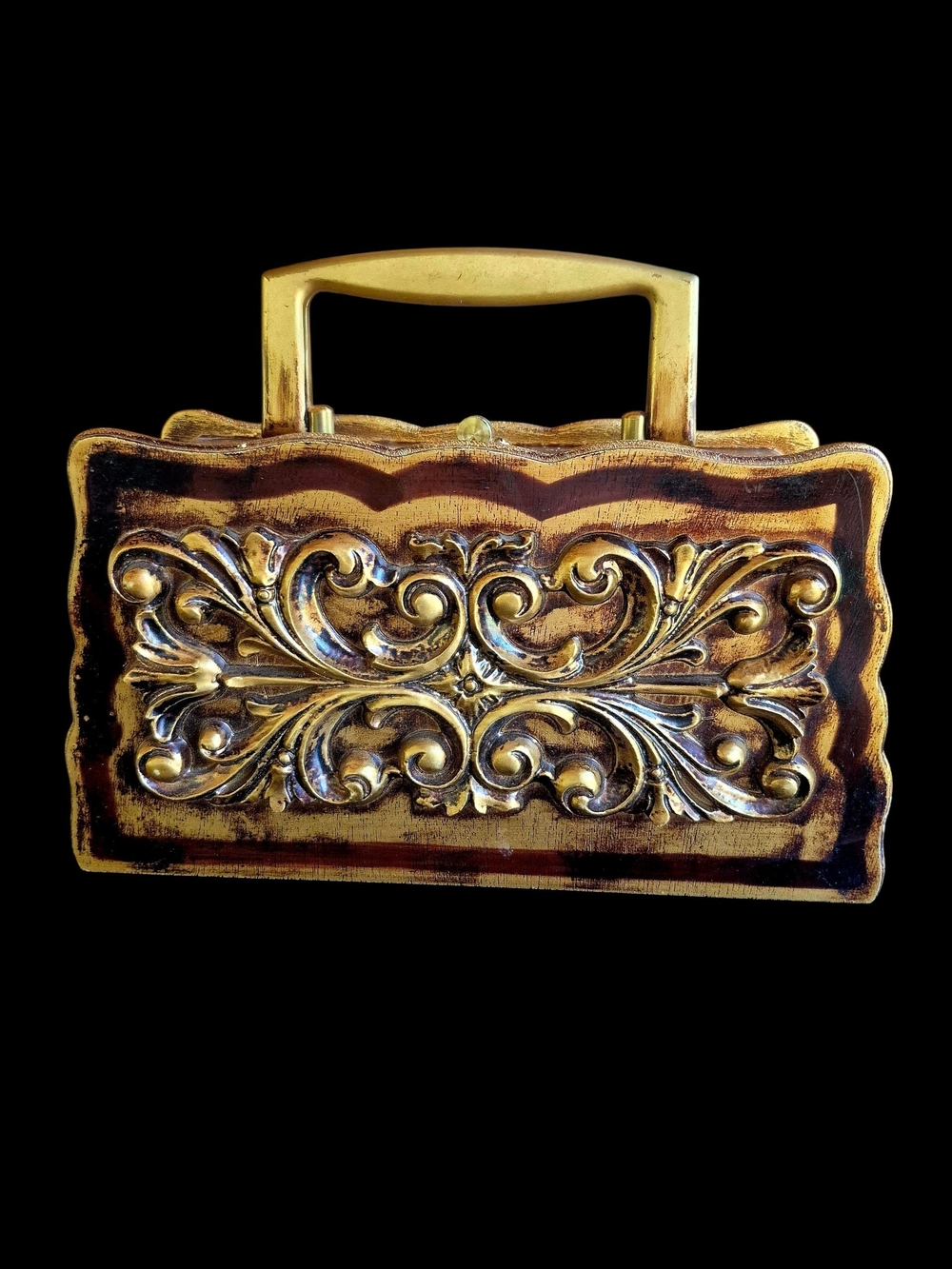 Vintage 1968 Royal London Carved Wood Box Top Handle Handbag Florentine-Style